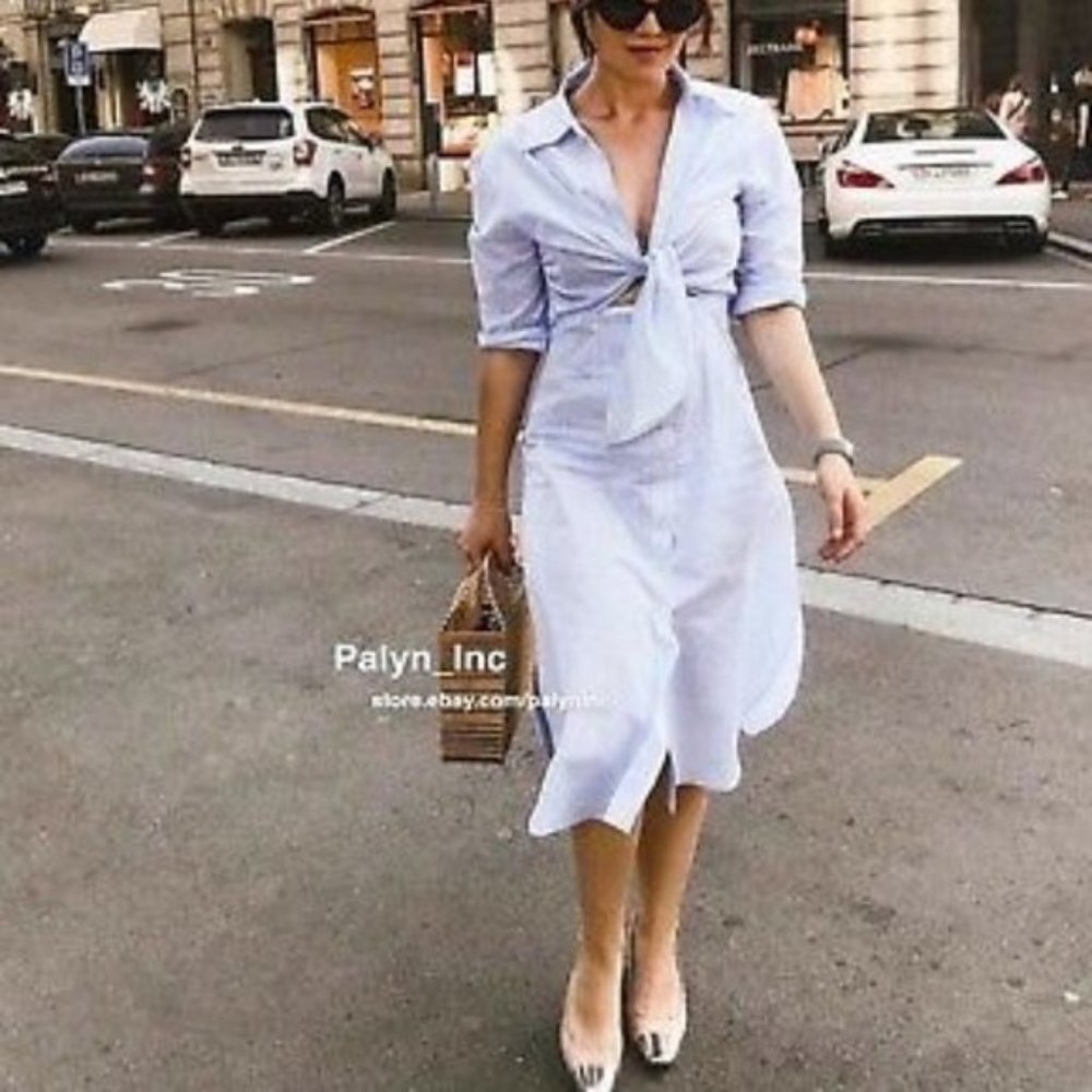 Zara Poplin Dress Tie Front Striped Blogger Fav M - Picture 5 of 13